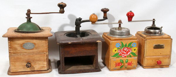 GERMAN ANTIQUE WOOD & METAL COFFEE GRINDERS,: GERMAN ANTIQUE WOOD & METAL COFFEE GRINDERS, FOUR, H 8" - 9":Of various styles and maker. 8 1/2" - 9 1/2" H.