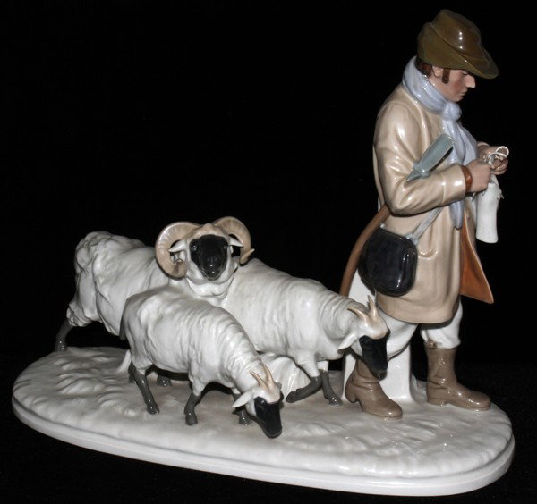 MEISSEN PORCELAIN GROUP, SHEPHERD W/ SHEEP, : MEISSEN PORCELAIN FIGURE GROUP, SHEPHERD WITH SHEEP, H 15", W 18":Modeled after Otto Pilz; marked in blue under glaze with crossed swords, no incised numerals (see additional photos).