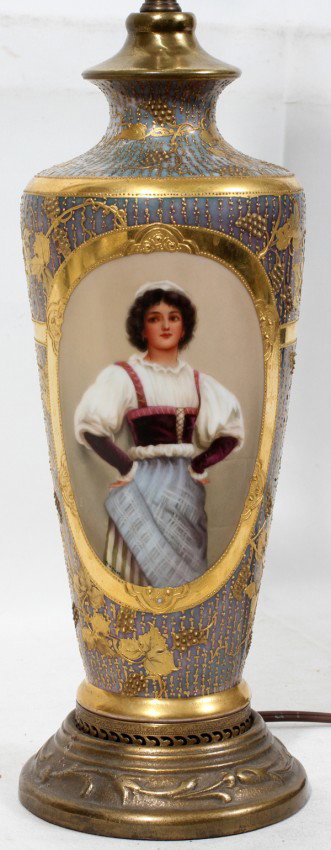 ROYAL VIENNA PORCELAIN VASE, SIGNED WAGNER, : ROYAL VIENNA PORCELAIN VASE, SIGNED WAGNER, H 10", NOW A LAMP, H 23":Oval reserve of maiden in dirndl. Signed Wagner. Raised fired gold background decoration. Height of vase 10", overall height of lam