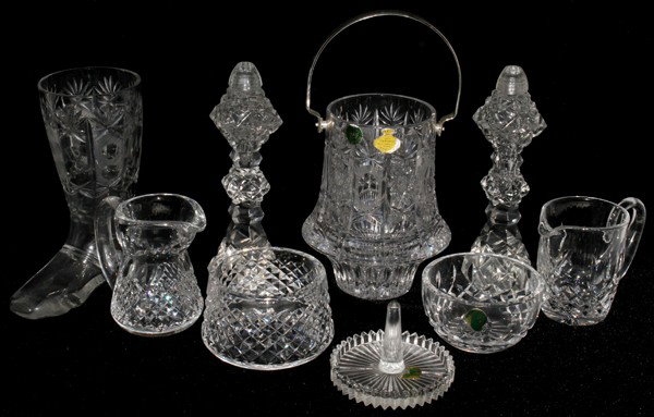 WATERFORD & CZECHOSLOVAKIAN CRYSTAL TABLEWARE,: WATERFORD & CZECHOSLOVAKIAN CRYSTAL TABLEWARE, NINE PIECES:Waterford includes 2 creamers and 2 sugar bowls; Czechoslovakian crystal includes 1 ice bucket, salt and pepper shaker set, 1 boot vase, and 