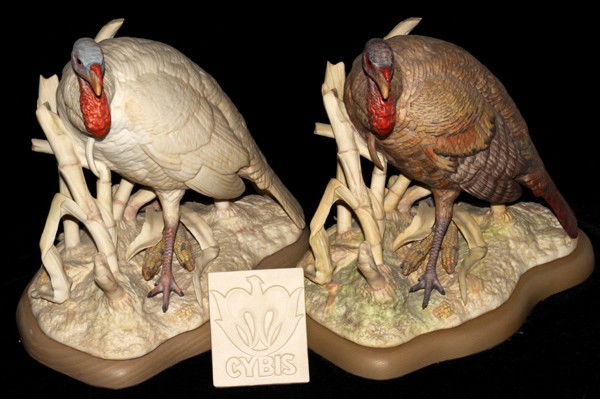 CYBIS BISQUE FIGURES OF TURKEYS, TWO, H 12",: CYBIS BISQUE FIGURES OF TURKEYS, TWO, H 12", W 12":Number 66; each raised on a separate wood base.