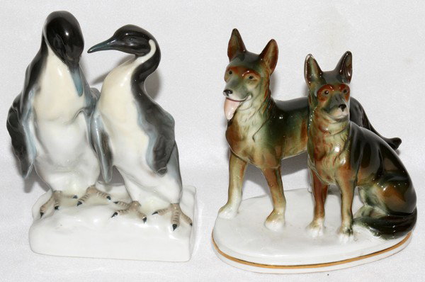 GERMAN PORCELAIN ANIMAL GROUPS, TWO, H 6": GERMAN PORCELAIN ANIMAL GROUPS, TWO, H 6":Including 1 group of two penguins, W.4", and 1 group of two German shepherds, probably Ebeling & Reuss, W.5".