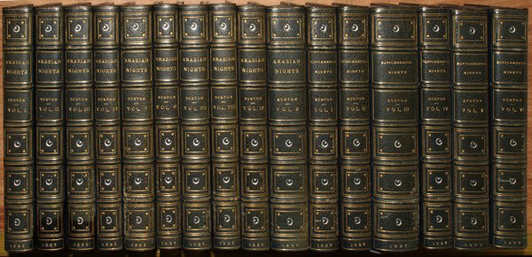 SET OF RICHARD F. BURTON 'ARABIAN NIGHTS' BOOKS: SET OF RICHARD F. BURTON 'ARABIAN NIGHTS' 1/4 LEATHER BOUND BOOKS, 16:Printed by Kamashastra Society. Sixteen volumes. Book of the Thousand Nights and a Night, a plain and literal translation. From th