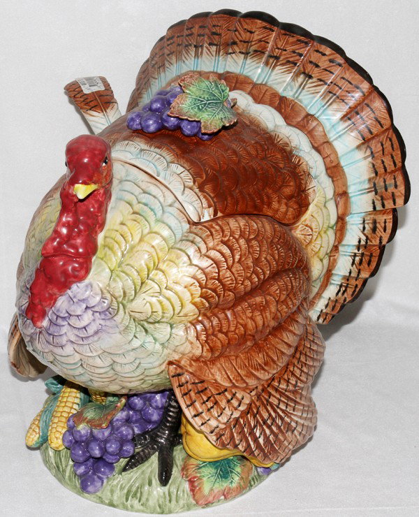 FITZ & FLOYD POTTERY TUREEN WITH LADLE, H 14": FITZ & FLOYD POTTERY TURKEY-FORM TUREEN WITH LADLE, H 14", L 13":A covered tureen in the form of a turkey, with a ladle.