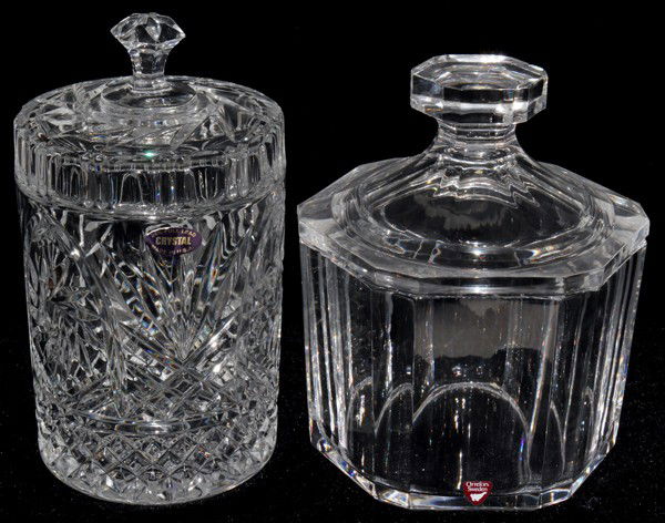 ORREFORS CRYSTAL COVERED JAR & ANOTHER JAR,: ORREFORS CRYSTAL COVERED JAR & ANOTHER JAR, H 8":Includes 1 Orrefors crystal covered jar, H.7 1/2", and 1 other covered jar made in the U.S.A., H.8 1/4". Two pieces total.