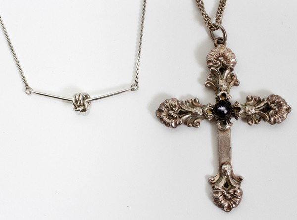 MONET KNOT NECKLACE & METAL CROSS ON CHAIN, : MONET KNOT NECKLACE & METAL CROSS ON CHAIN, L 30":Large 3" x 2 1/2" metal cross on a 30" chain and a metal necklace with a knotted bar design, L 15", marked Monet. Two pieces total. From the collectio