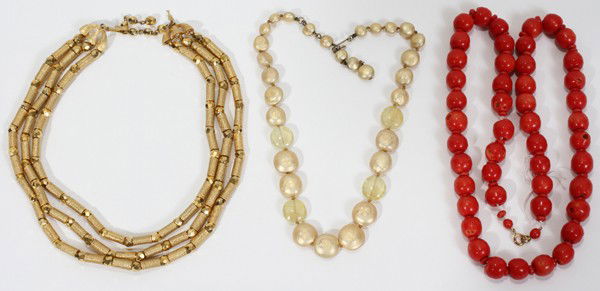 TRIFARI COSTUME, PEARL & SPONGE BEAD NECKLACES: TRIFARI COSTUME, "COIN PEARL" & SPONGE BEAD NECKLACES, THREE:Including 1 Trifari triple-strand necklace, L.12", 1 "coin pearl" choker-length necklace, circa 1930, L.13", and 1 sponge coral bead neckla