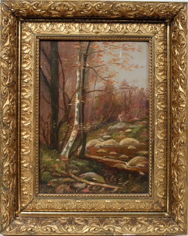 OIL ON CANVAS, C. 1880, LANDSCAPE W/BIRCH TREES: OIL ON CANVAS, C. 1880, 13 3/4" X 10", LANDSCAPE WITH BIRCH TREES:Not signed. Hiram J. Thompson picture frame. From a Chesterfield Township consignor, by inheritance from uncle: Frederick W. Blanchard