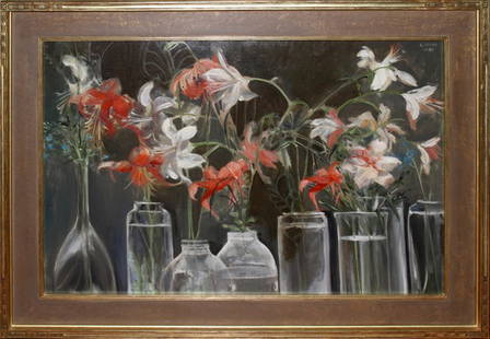 CLARICE SMITH, OIL ON CANVAS, DATED 1985, 24": CLARICE SMITH, OIL ON CANVAS, DATED 1985, 24" X 36", TIGER LILIES: AMERICAN, B. 1933:Image depicts numerous small bouquets of lilies in clear glass vases, of various shapes and sizes. Signed and dated