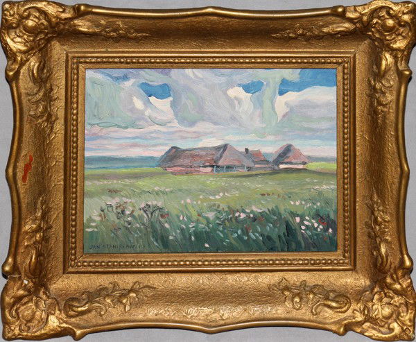 JAN STANISLAWSKI OIL ON BOARD, 8" X 10": JAN STANISLAWSKI (1860-1907), OIL ON BOARD, 8" X 10":Landscape scene. Framed. J. L. Hudson Co.