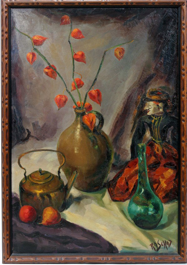 R. A. SCHAT, OIL ON CANVAS, C. 1930 35" X 23",: R. A. SCHAT, OIL ON CANVAS, C. 1930 35" X 23", STILL LIFE:Still life depicts brass tea kettle, pottery jug, green glass bottle, doll. Framed.