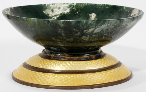 CHINESE EGG SHELL THIN JASPER BOWL H 2 1/4", : CHINESE EGG SHELL THIN JASPER BOWL ATTACHED TO AN ENAMELED METAL BASE, H 2 1/4", L 4 1/2":W 3 1/2"; spinach color bowl. As is.