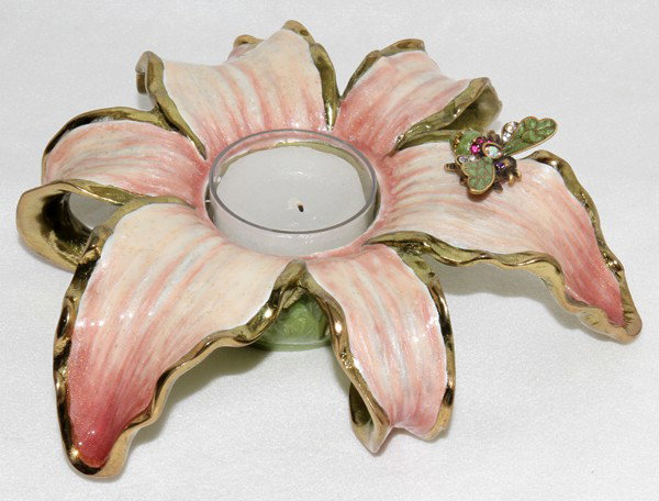 JAY STRONGWATER ENAMELED TEA LIGHT HOLDER, W 6": JAY STRONGWATER ENAMELED TEA LIGHT HOLDER, W 6":Tea light holder is in the form of a lily and is accented by a small insect. F