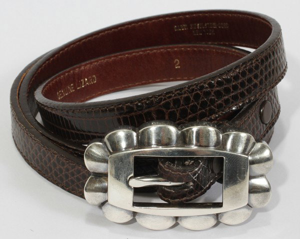 BARRY KIESELSTEIN-CORD LIZARD SKIN BELT: BARRY KIESELSTEIN-CORD LIZARD SKIN BELT WITH STERLING BUCKLE, L 34 1/2":Leather is stamped at the interior, and the buckle is stamped "Sterling". From the Collection of Bruce and Denise Wayne, Beverly