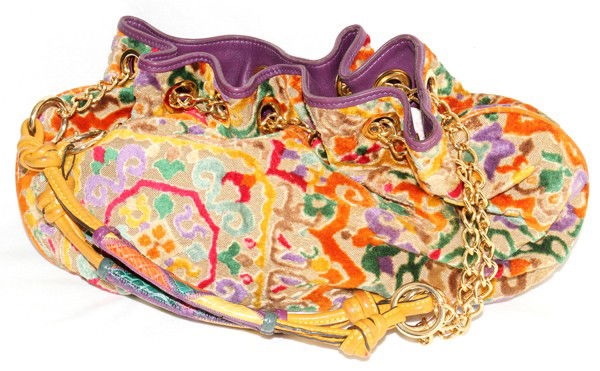ETRO BURNT VELVET & SNAKESKIN SHOULDER BAG: ETRO BURNT VELVET & SNAKESKIN SHOULDER BAG:Bright, and multicolored, burnt velvet bag has snakeskin accents on the handles. Includes original felt bag. From the Collection of Bruce and Denise Wayne, B