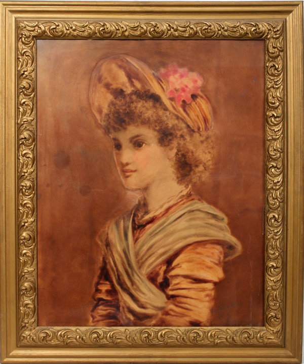 FRANKLIN TUTTLE, PASTEL ON PAPER 23" X 18" : FRANKLIN TUTTLE, PASTEL ON PAPER 23" X 18" PORTRAIT:Portrait of young woman wearing hat with flowers. Pencil signed.