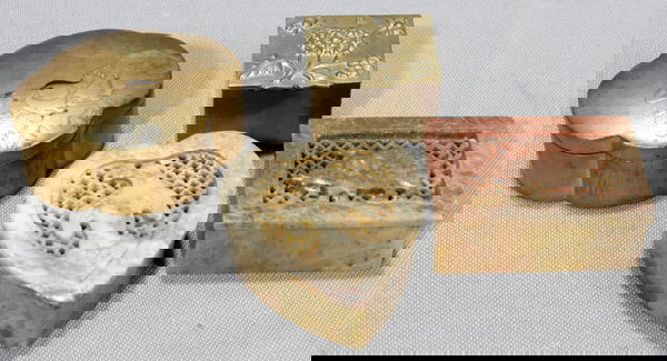 LACQUER, BRASS & SOAPSTONE ORIENTAL BOXES: LACQUER, BRASS AND SOAPSTONE ORIENTAL DECORATIVE BOXES, FOUR, L 2"-3":one lacquer, two soapstone candles, one brass.