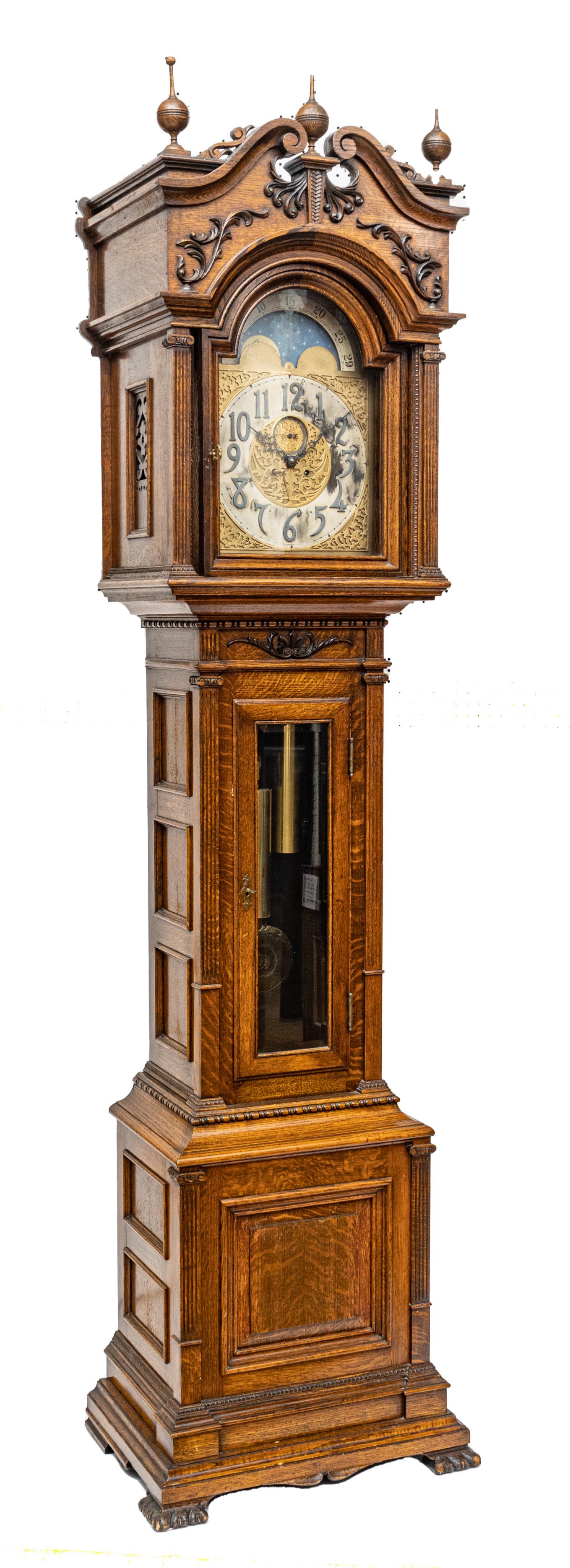CARVED OAK GRANDFATHER CLOCK, CIRCA 1900, H 100", W 26", D 18" (1 of 11)