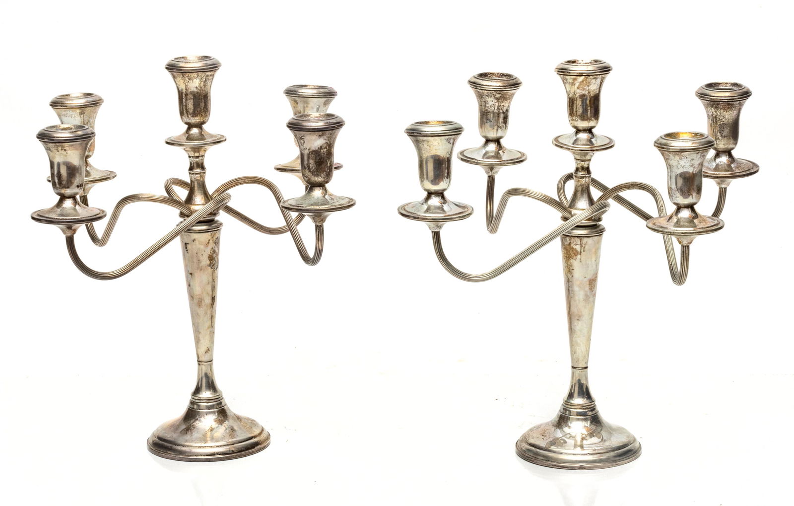 REED & BARTON WEIGHTED STERLING SILVER CANDELABRA, PAIR, H 13.5", W 14" (1 of 4)
