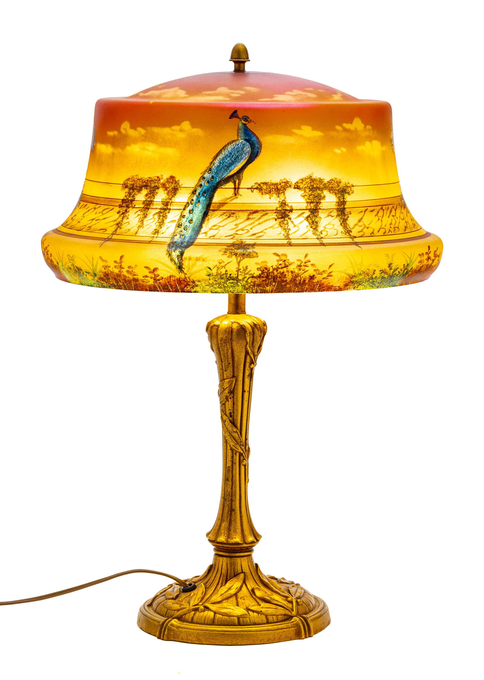 AMERICAN PAINTED BELL-FORM GLASS AND BRASS TABLE LAMP, 20TH C., H 23", DIA 16" (1 of 6)