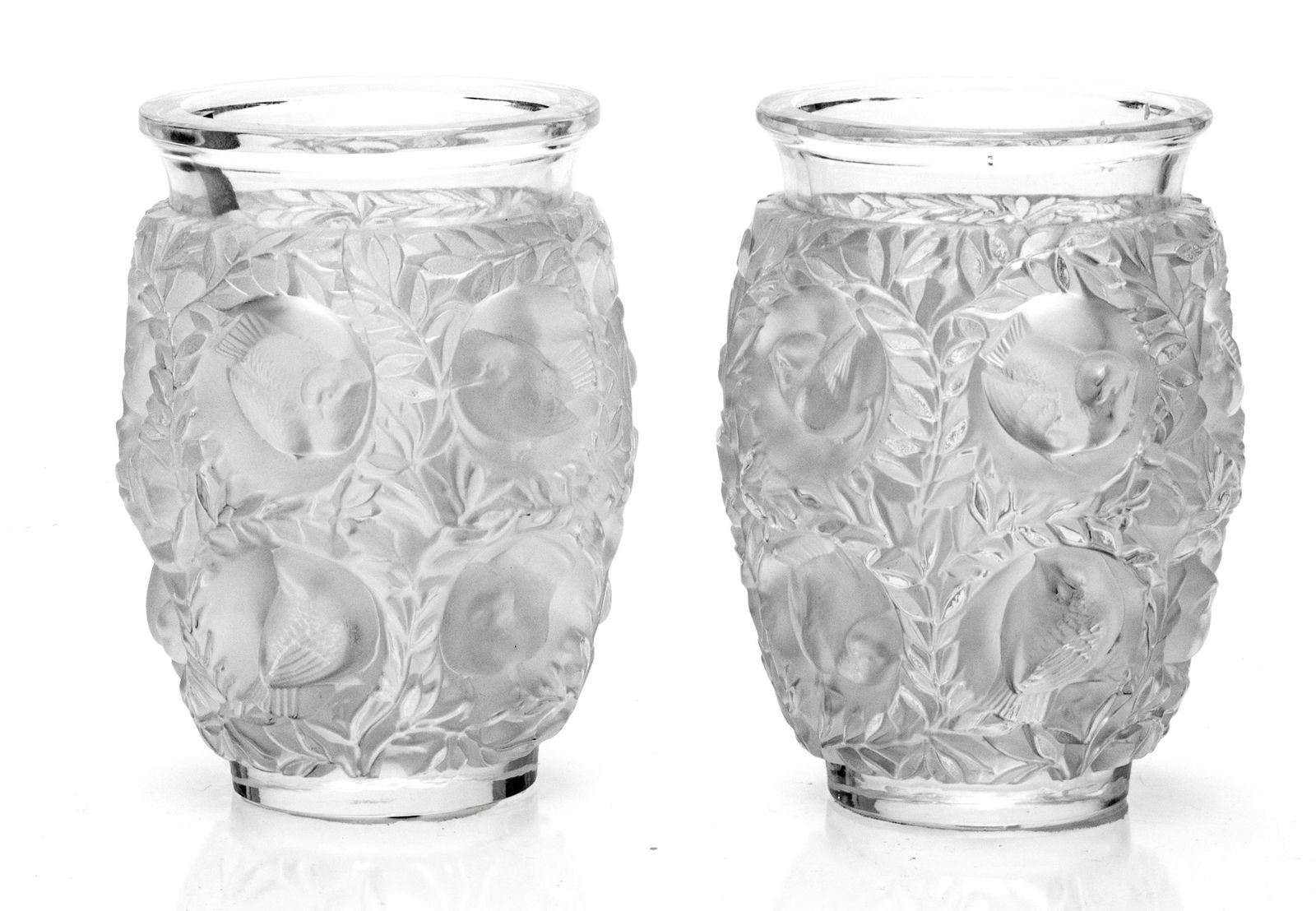LALIQUE 'BAGATELLE' CRYSTAL VASES, PAIR, H 6.75", DIA 4.5" (1 of 6)