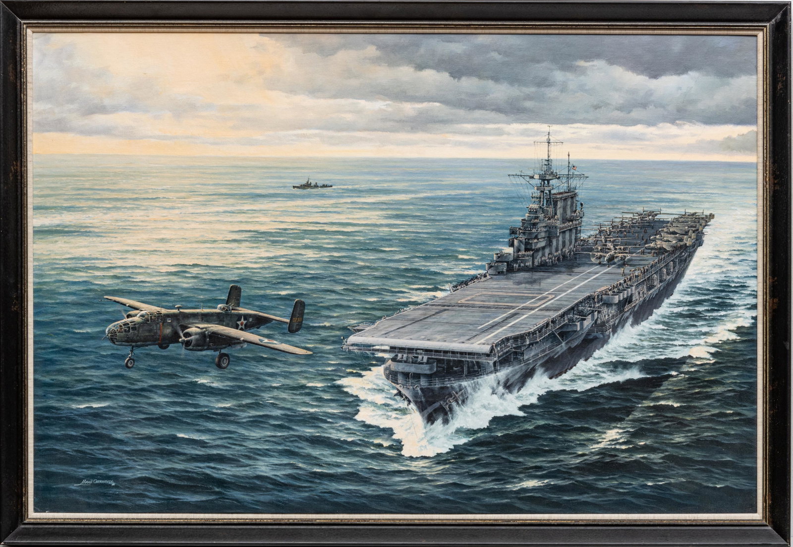 MARII CHERNEV (BULGARIAN 20TH C) OIL ON CANVAS, 2006, H 24", W 36", WW II AIRCRAFT CARRIER: MARII CHERNEV (BULGARIAN 20TH C) OIL ON CANVAS, 2006, H 24", W 36", WW II AIRCRAFT CARRIER Depicting U.S. WW II aircraft carrier with a plane taking flight off of the deck. Signed lower left. Framed D