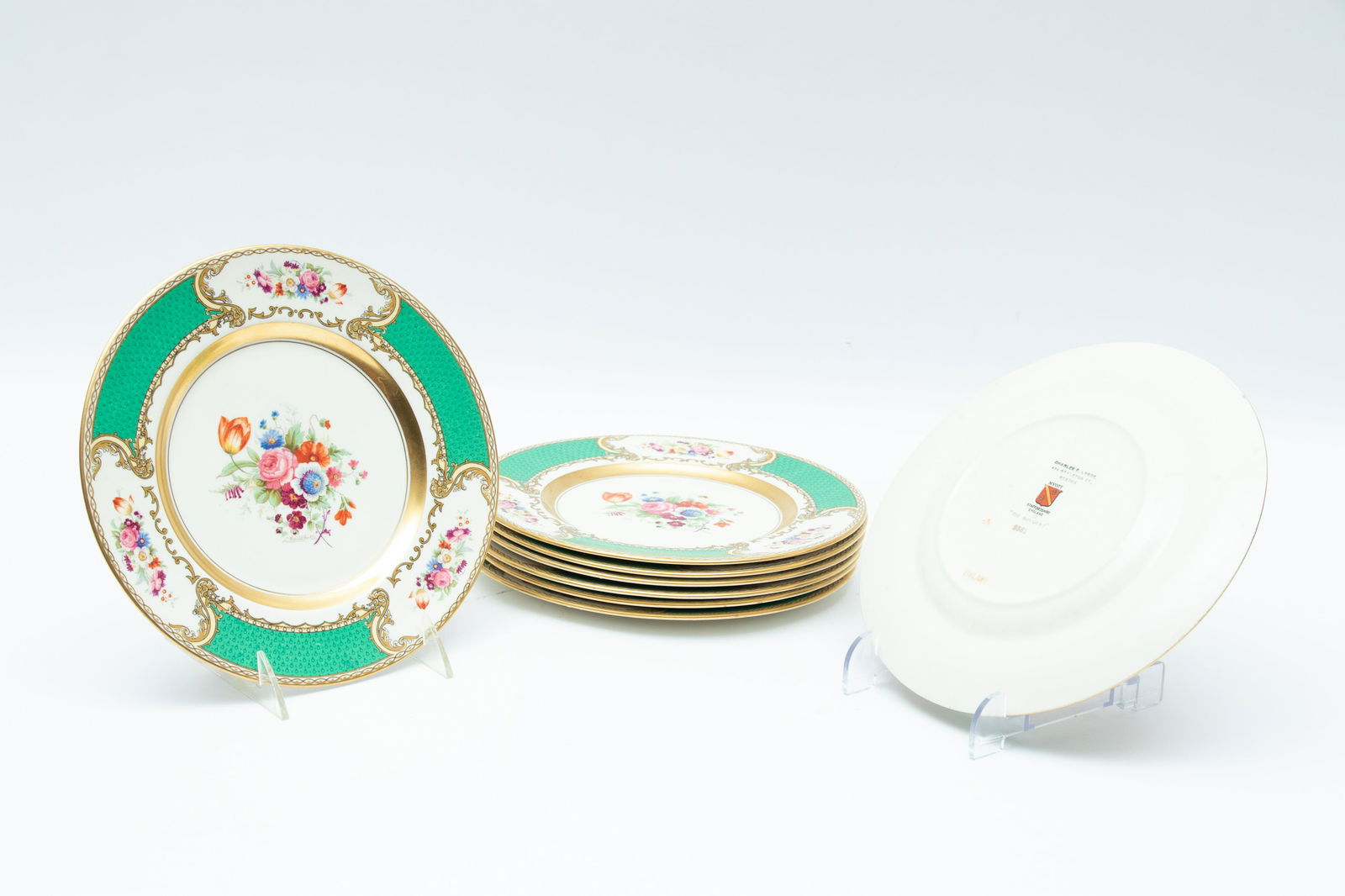 ENGLISH STAFFORDSHIRE BOUQUET HAND PAINTED WITH FIRE GOLD ACCENTS SERVICE PLATES GROUP OF 8 DIA 9" (1 of 1)