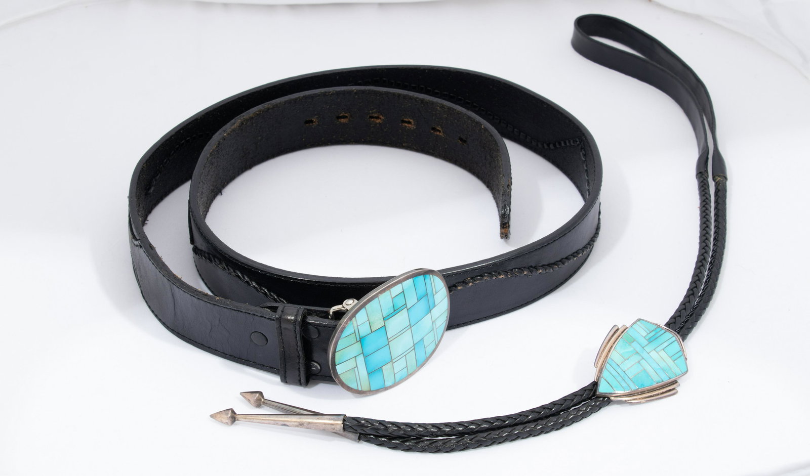 STERLING CHANNEL SET TURQUOISE BUCKLE  AND BOLO TIE (1 of 2)