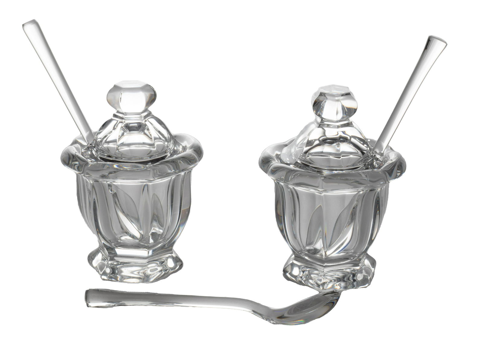 BACCARAT CRYSTAL JAM JARS WITH COVERS, SPOONS, TWO H 4 1/2" (1 of 2)