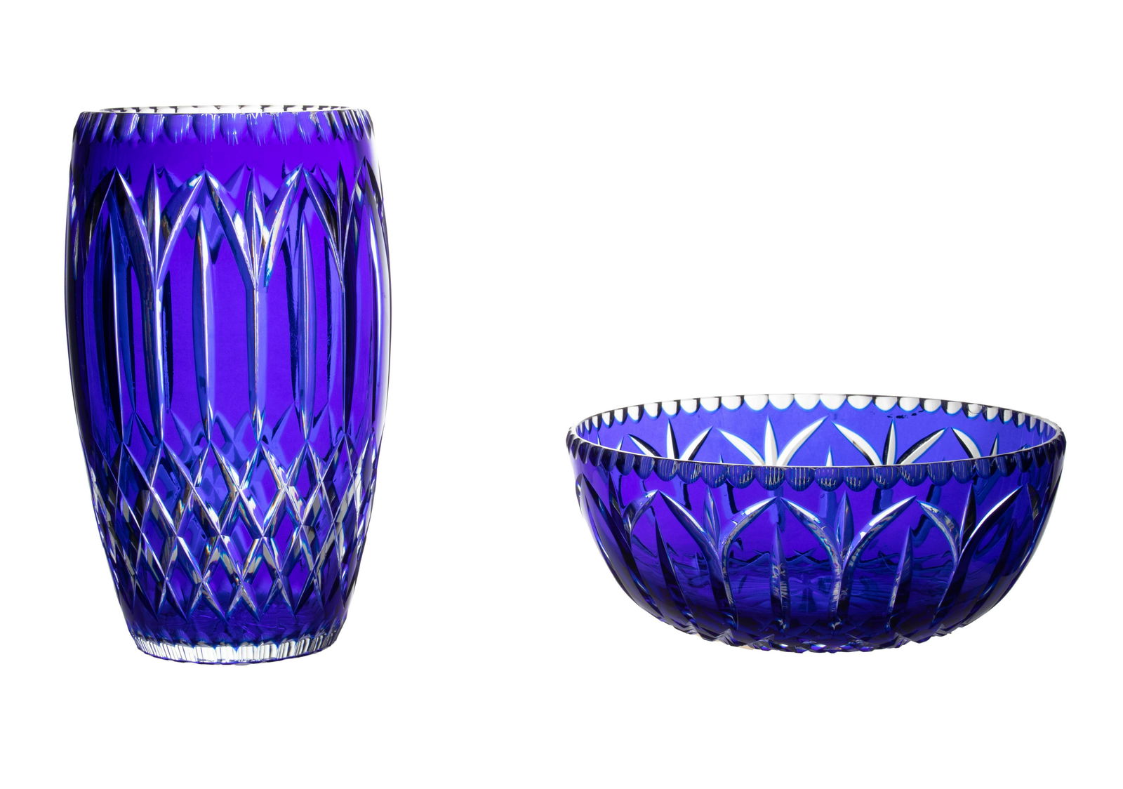 CZECHOSLOVAKIAN CRYSTAL COBALT BLUE OVERLAY VASE AND BOWL, 2 PCS. H 9" DIA 9" (1 of 5)