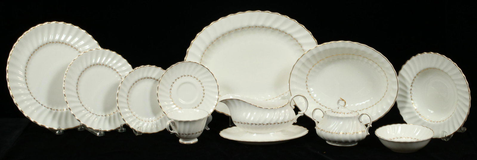 ROYAL DOULTON 'ADRIAN' PATTERN BONE CHINA, SERVICE, 99 PCS: ROYAL DOULTON 'ADRIAN' PATTERN BONE CHINA, SERVICE, 99 PCS A Royal Doulton 'Adrian' pattern bone china service set. Includes 14 dinner plates (DIA 10.5"), 14 salad plates, 15 bread & butter plates, 12