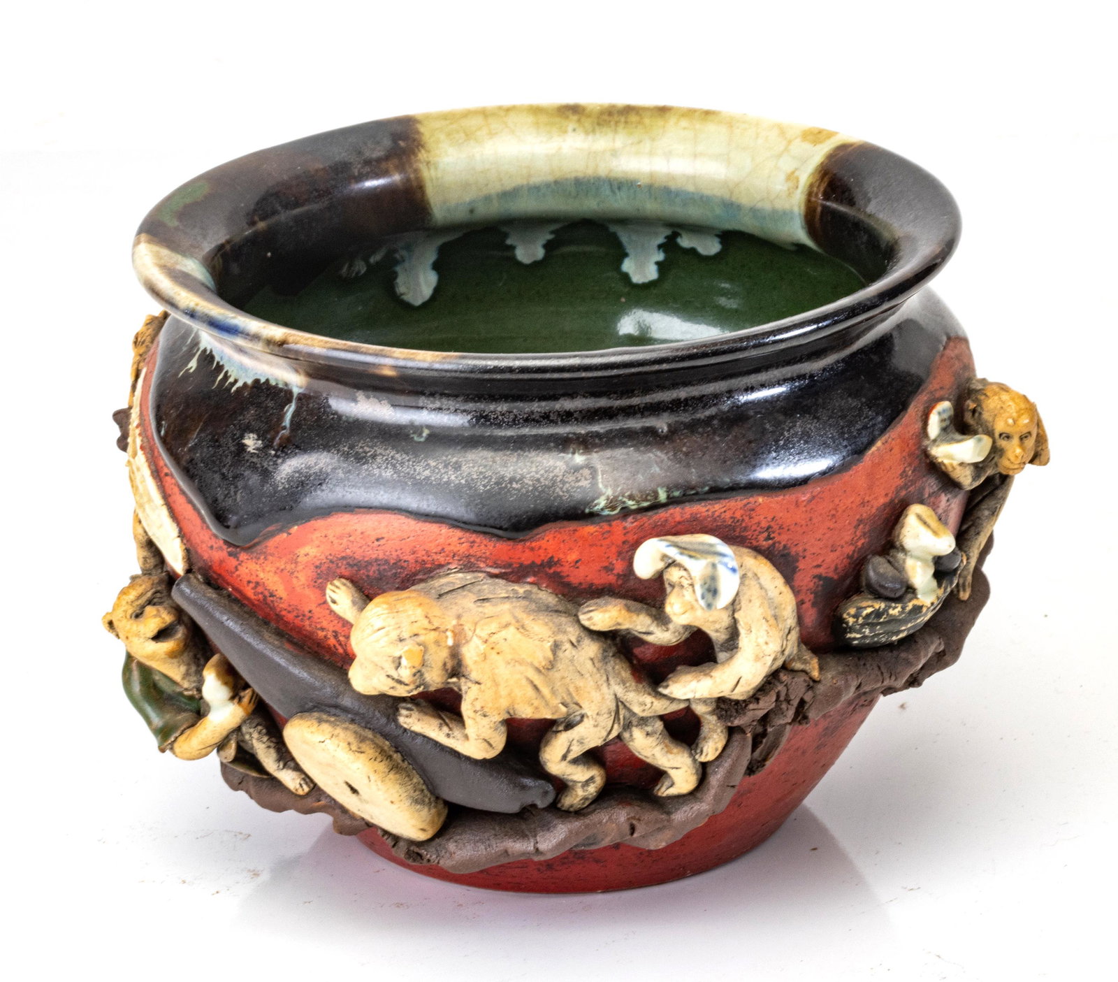 JAPANESE SUNEDA POTTERY JARDINERE C 1900 H 5" DIA 6": JAPANESE SUNEDA POTTERY JARDINERE C 1900 H 5" DIA 6" Seven monkeys in relief. Hand made.