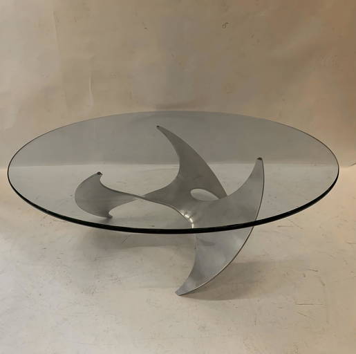 ALUMINUM & GLASS PROPELLER COFFEE TABLE, H 15.5", DIA 44" (060340) on