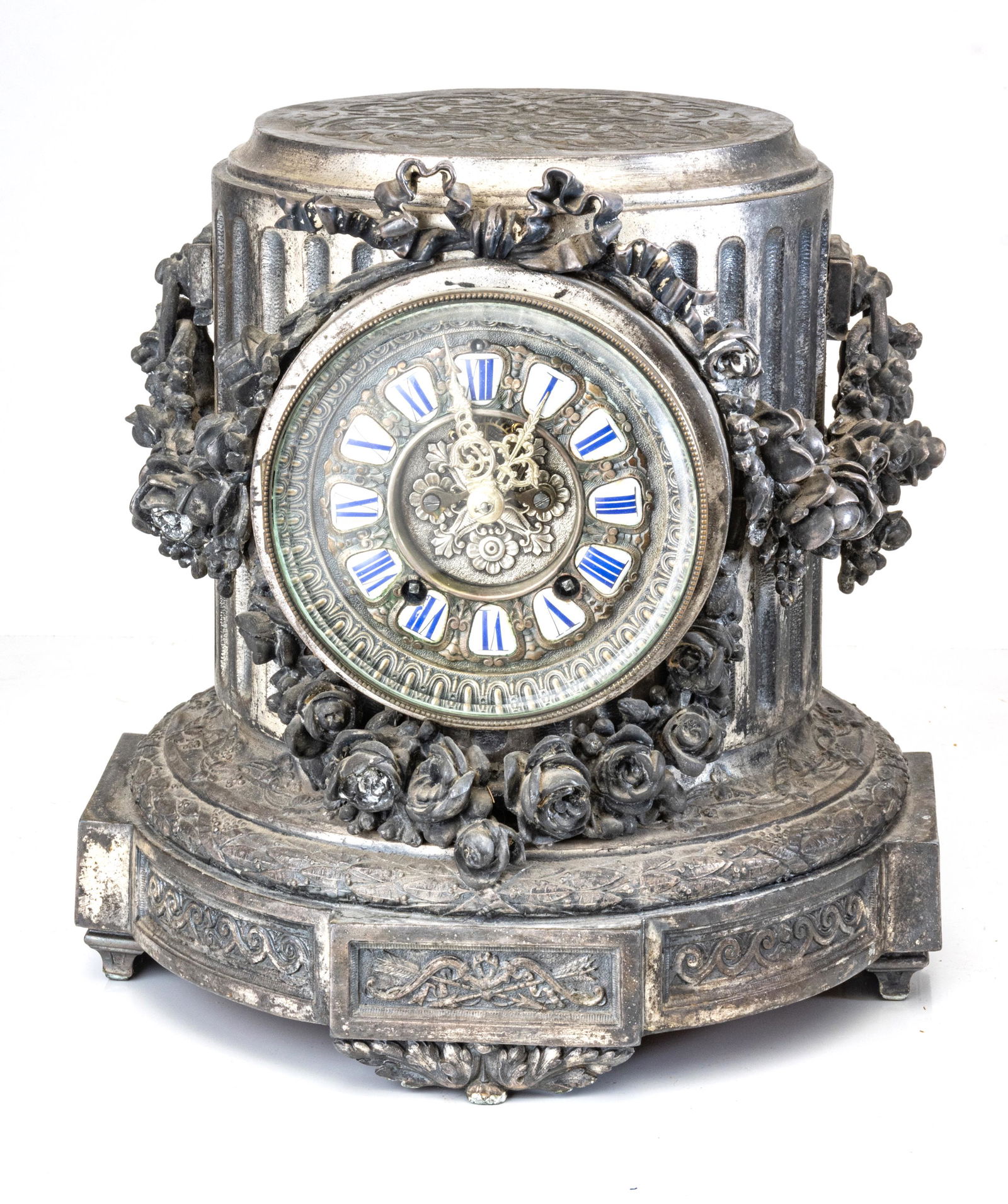 ANSONIA SILVER PATINATED METAL CLOCK, C. 1900, H 12.5", DIA 11" (1 of 8)