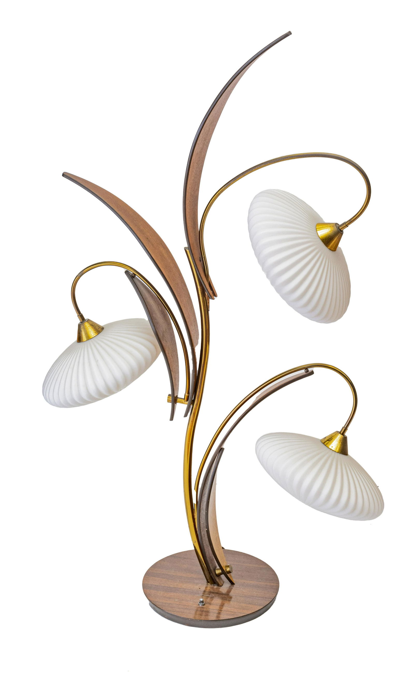 MID CENTURY MODERN TEAKWOOD & MILK GLASS LAMP, C. 1960, H 49", W 30" (1 of 3)