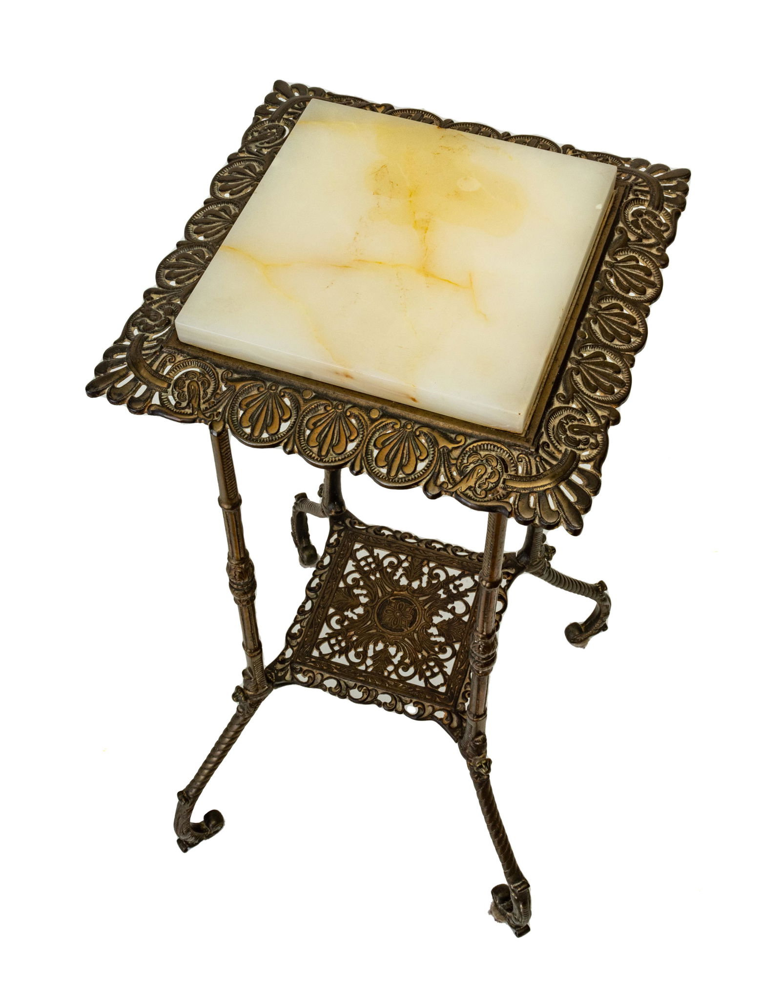 ONYX & BRASS PEDESTAL TABLE, C. 1930, H 30.5", W 13" (1 of 2)