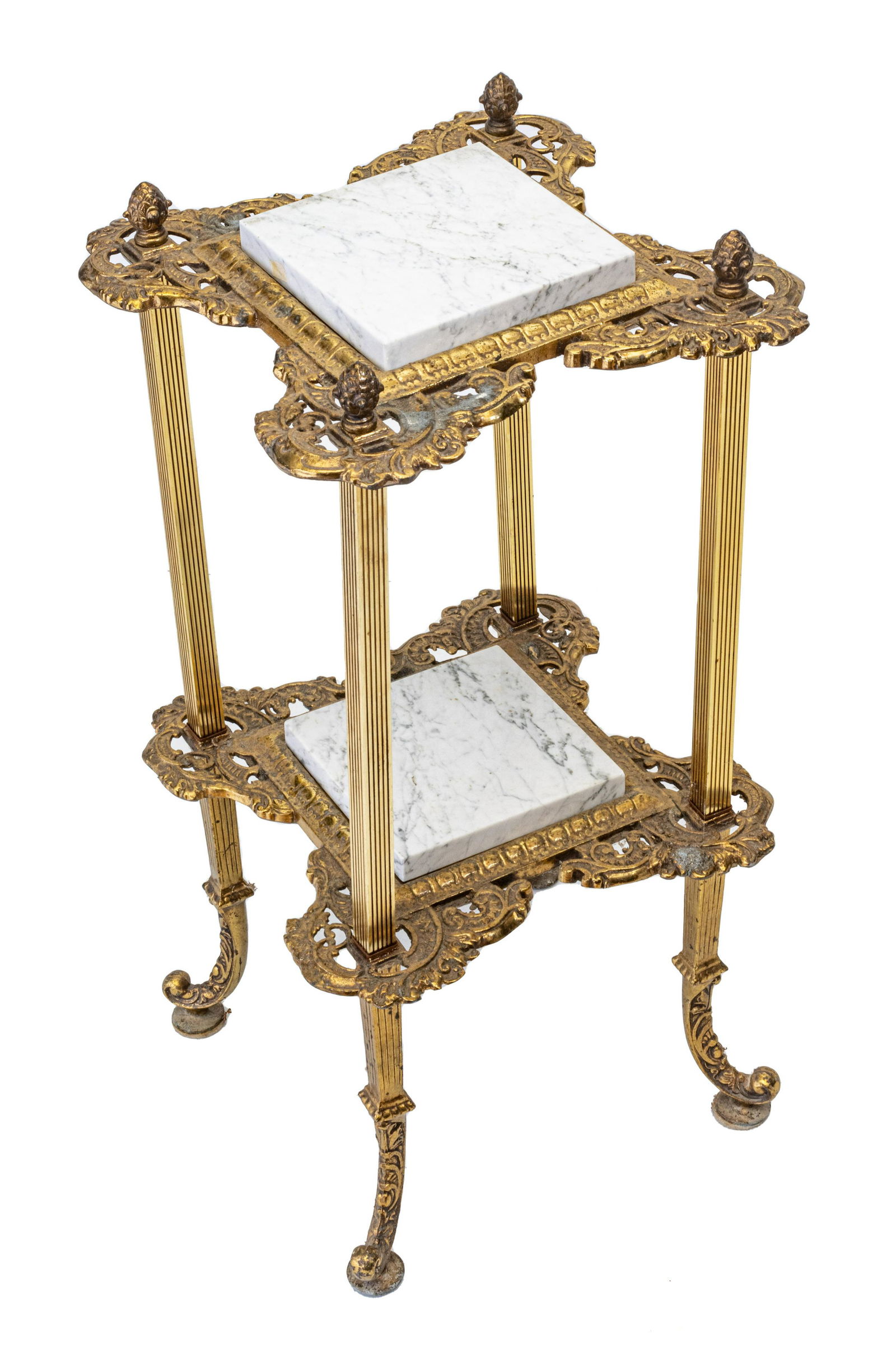BRASS & MARBLE TOP TWO-TIERED PEDESTAL, C. 1930, H 27", W 13" (1 of 3)