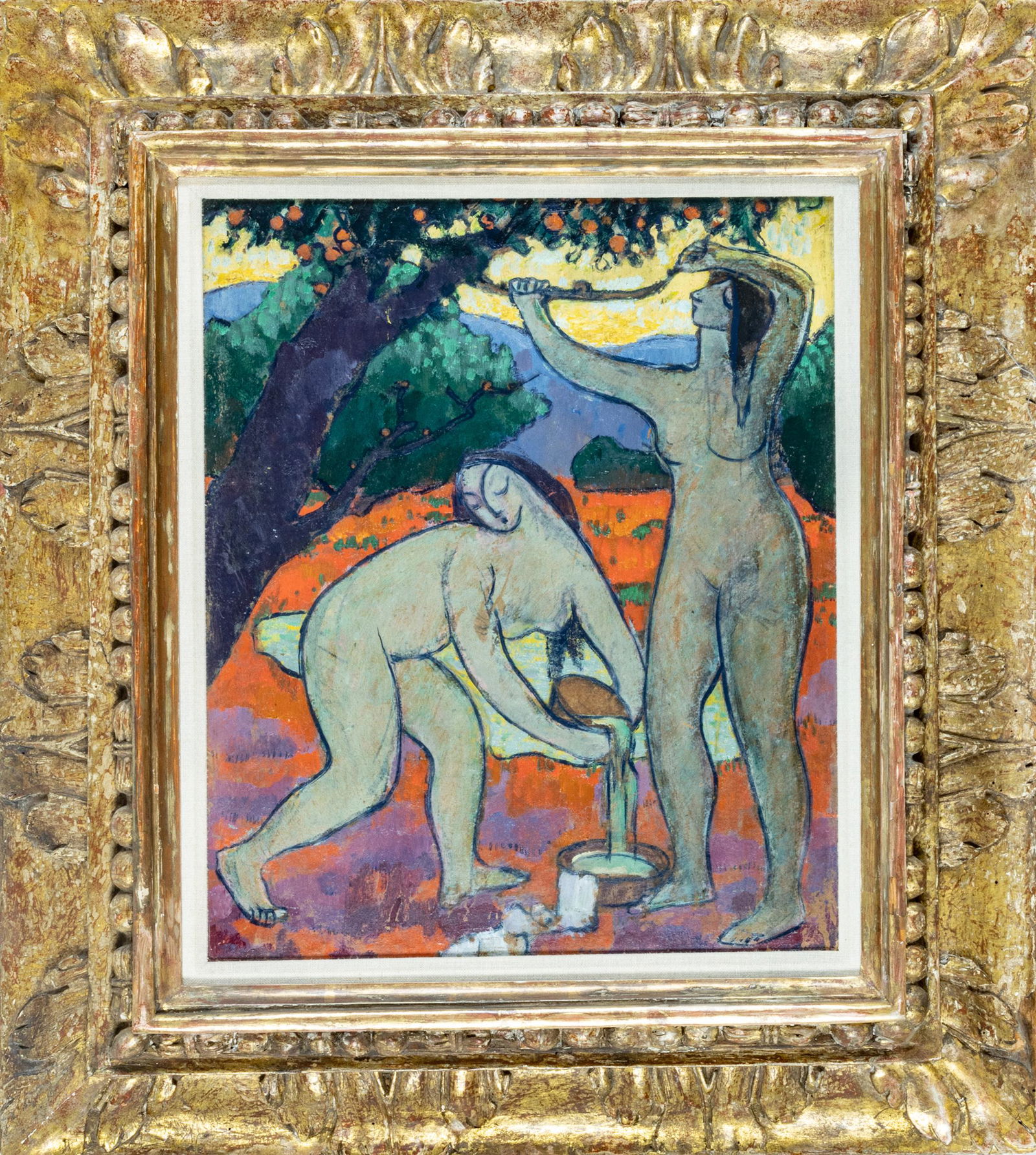 MAX WEBER (AMERICAN, 1881-1961) OIL ON BOARD, 1908 H 18" W 14.825" TWO FEMALE FIGURES AND FLOWER: MAX WEBER (AMERICAN, 1881-1961) OIL ON BOARD, 1908 H 18" W 14.825" TWO FEMALE FIGURES AND FLOWER PIECE (ON VERSO) Titled 'Two Female Figures', verso 'Flower Piece'. Signed in the lower right verso. Pr