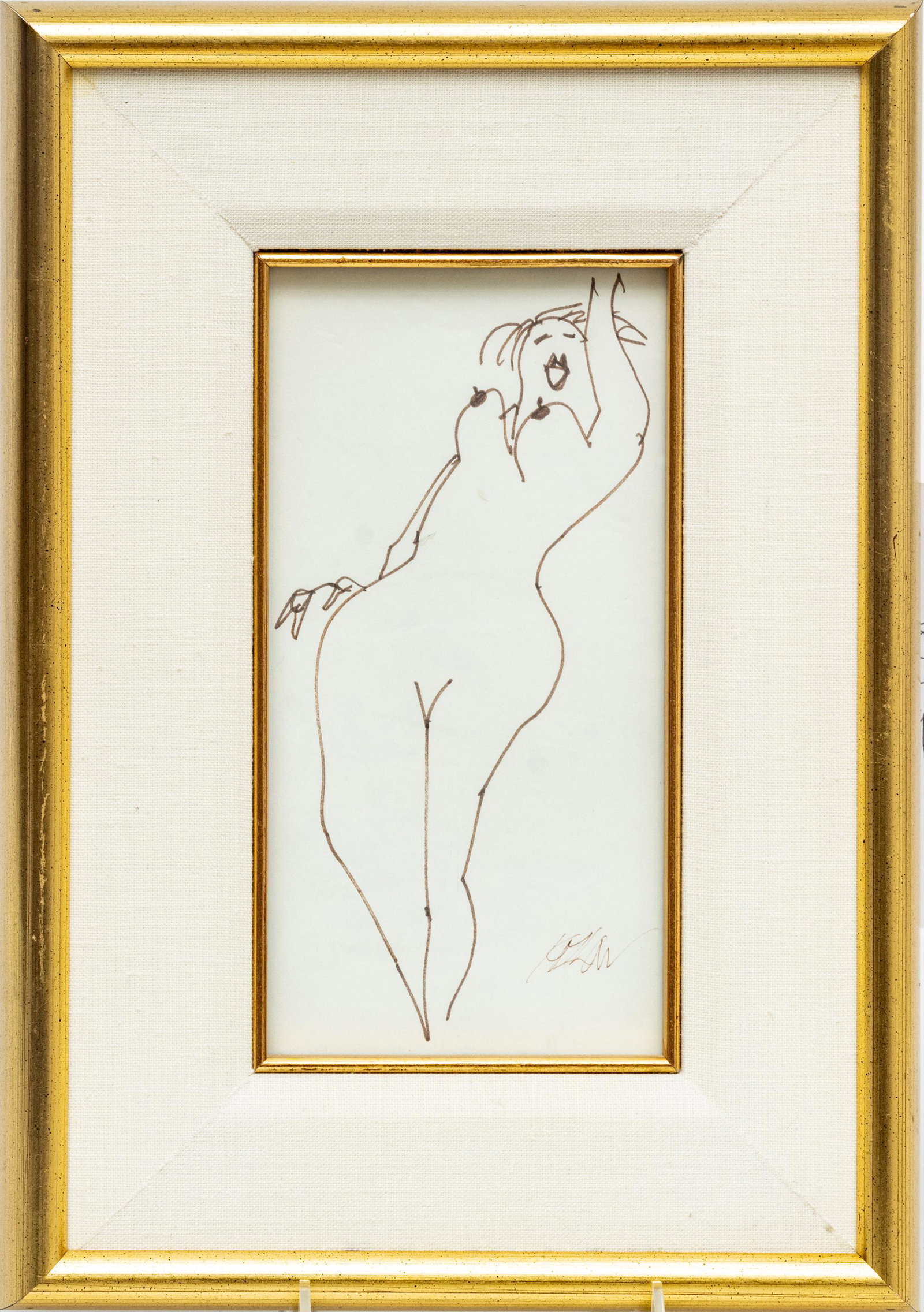 RICHARD M. KOZLOW (AMERICAN, 1926-2008) INK ON WOVE PAPER, H 8.25" W 4.25" RECLINING NUDE: RICHARD M. KOZLOW (AMERICAN, 1926-2008) INK ON WOVE PAPER, H 8.25" W 4.25" RECLINING NUDE Signed in the lower right. Framed behind museum glass in wood frame. Frame Measurements H 14" W 9.75"