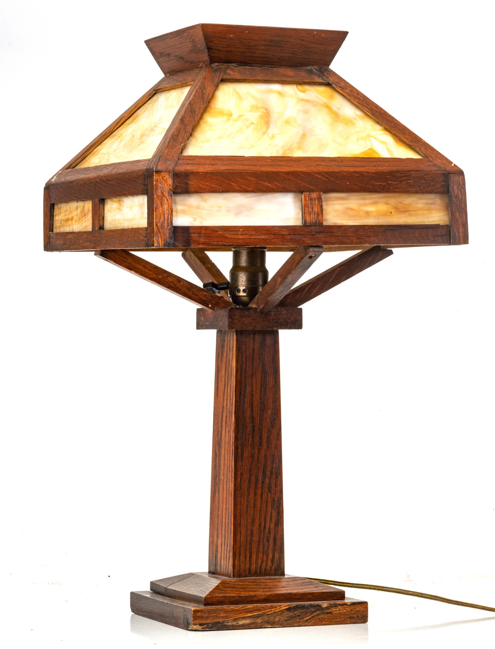 MISSION STYLE OAK & SLAG GLASS LAMP, C. 1930, H 21.5", W 12": MISSION STYLE OAK & SLAG GLASS LAMP, C. 1930, H 21.5", W 12" An electrified Mission style oak and slag glass lamp. Circa 1930. Depth 12". Property from a private collection, Birmingham, Michigan.
