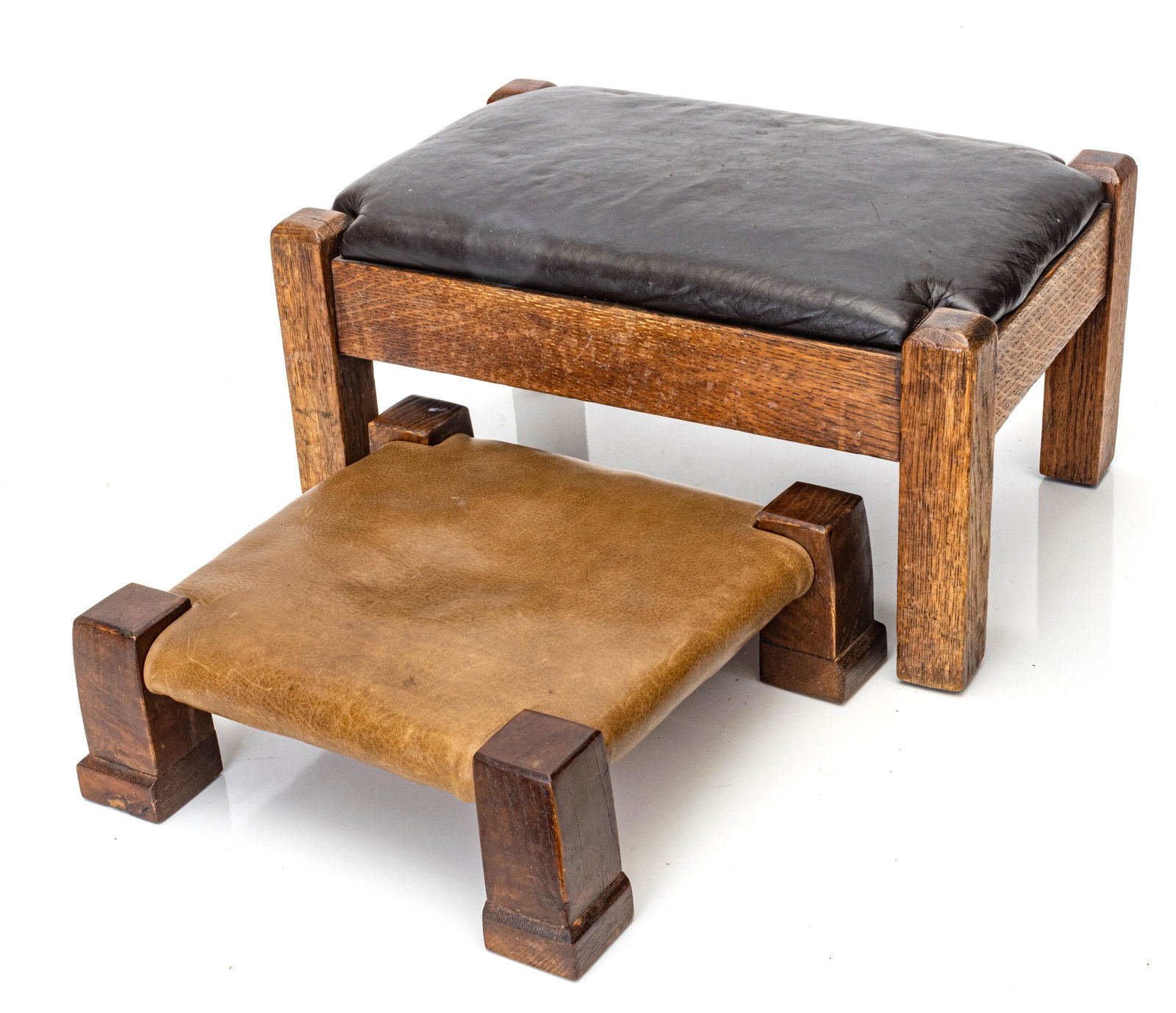 MISSION STYLE OAK & LEATHER FOOT STOOLS, C. 1900, 2 PCS, H 4.5"-9" (1 of 6)
