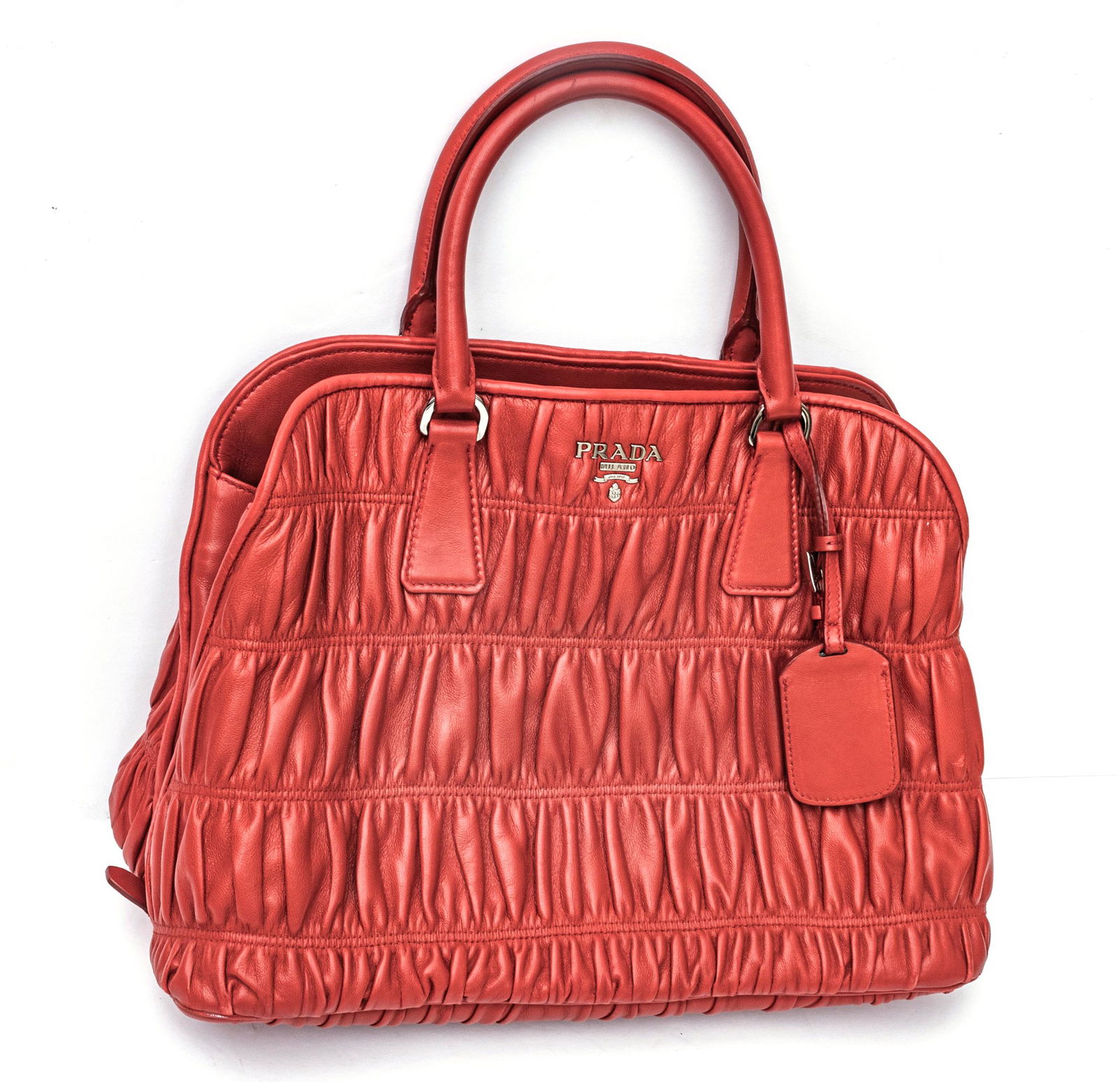 PRADA (ITALIAN) FUOCO NAPPA GAUFRE LEATHER DOUBLE HANDLE TOTE BAG H 14.5" (INCLUDING HANDLE) W 14" D (1 of 4)