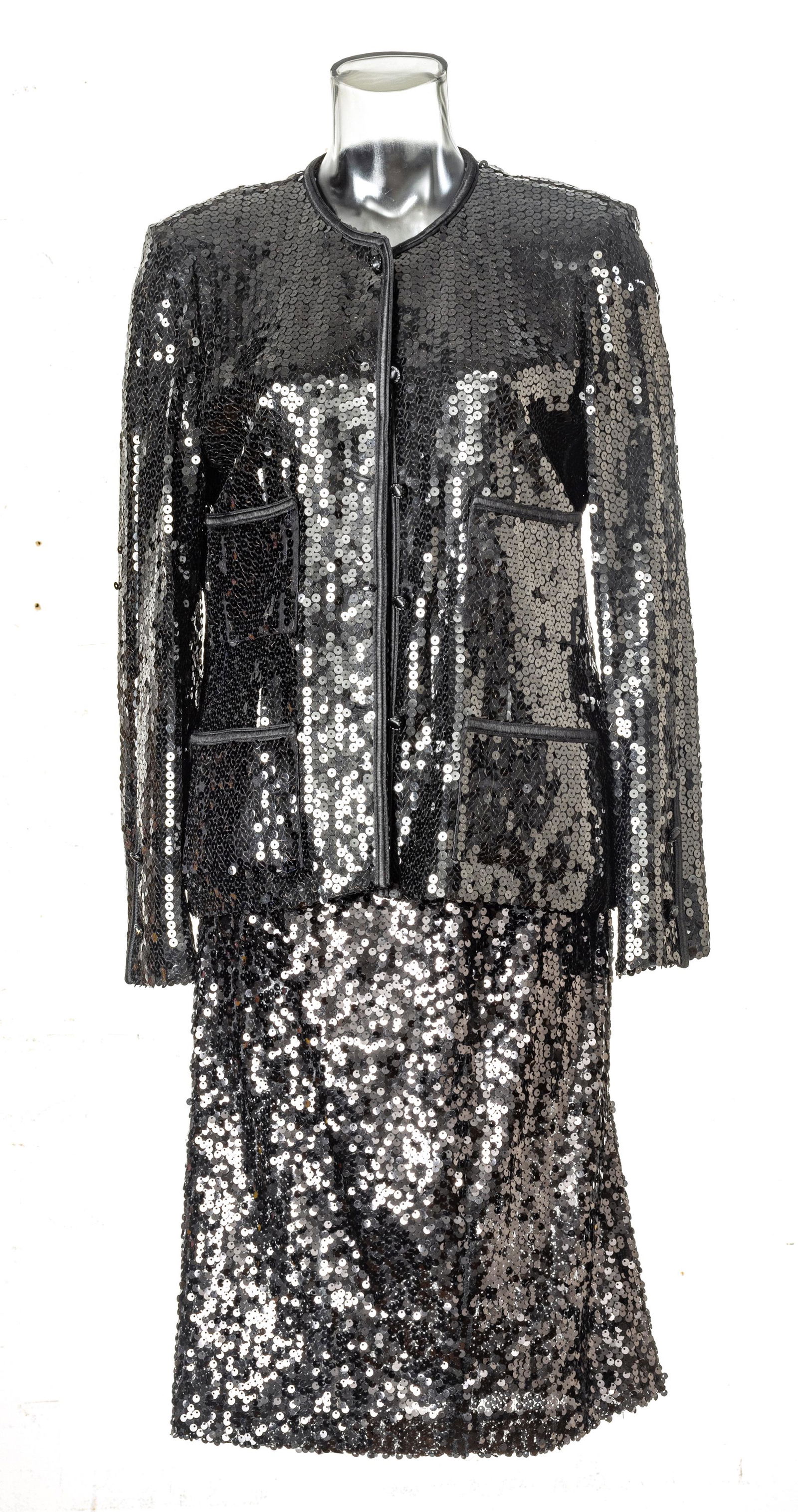 CHANEL (CO.) (FRENCH, ESTABLISHED 1909) BLACK NYLON AND VISCOSE SEQUIN JACKET (1 of 4)