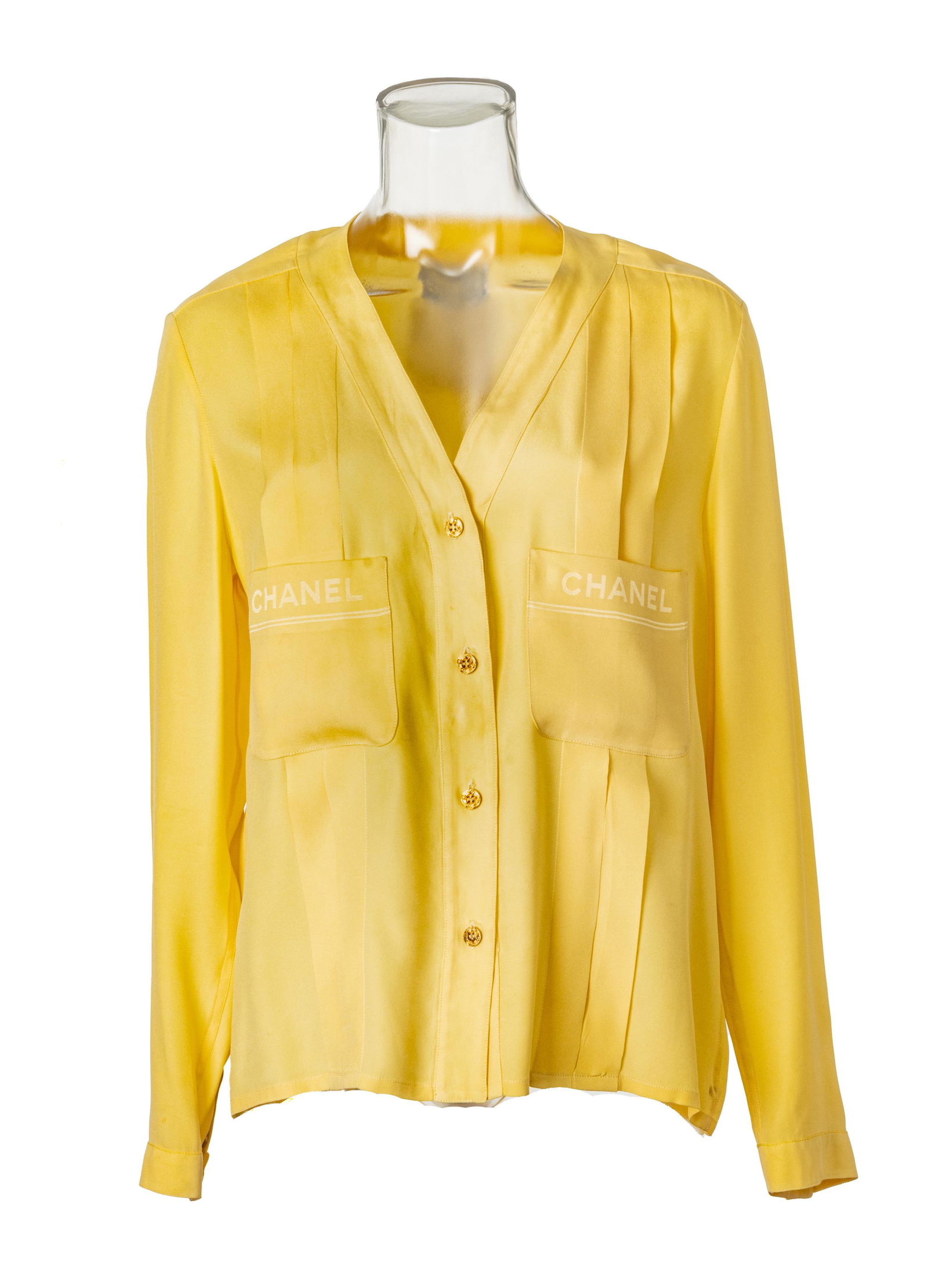 CHANEL (CO.) (FRENCH, ESTABLISHED 1909) YELLOW SILK BLOUSE WITH 'CHANEL' POCKETS, WHITE BUTTON DOWN (1 of 3)