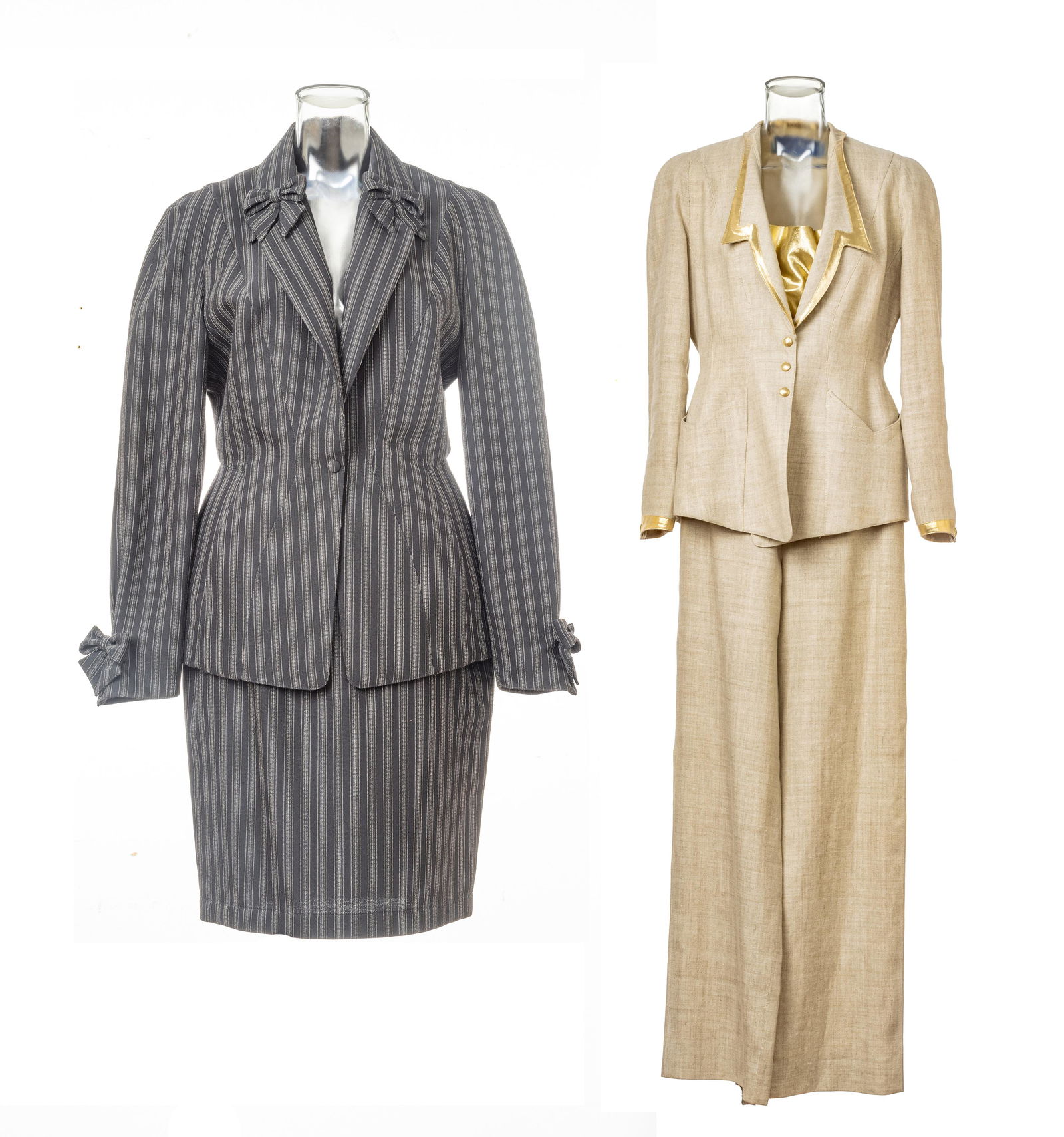 THIERRY MUGLER (PARIS) VINTAGE LINEN PANT SUIT AND BLACK STRIPE SKIRT AND BLAZER WITH BOWS 4 PCS.: THIERRY MUGLER (PARIS) VINTAGE LINEN PANT SUIT AND BLACK STRIPE SKIRT AND BLAZER WITH BOWS 4 PCS. Size 40.