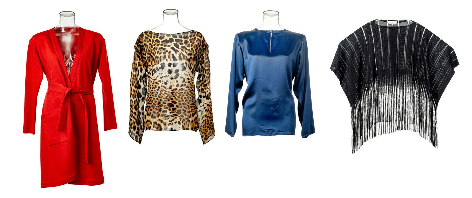 YVES SAINT LAURENT (PARIS) RED BELTED CARDIGAN; THREE BLOUSES 4PCS. (1 of 13)