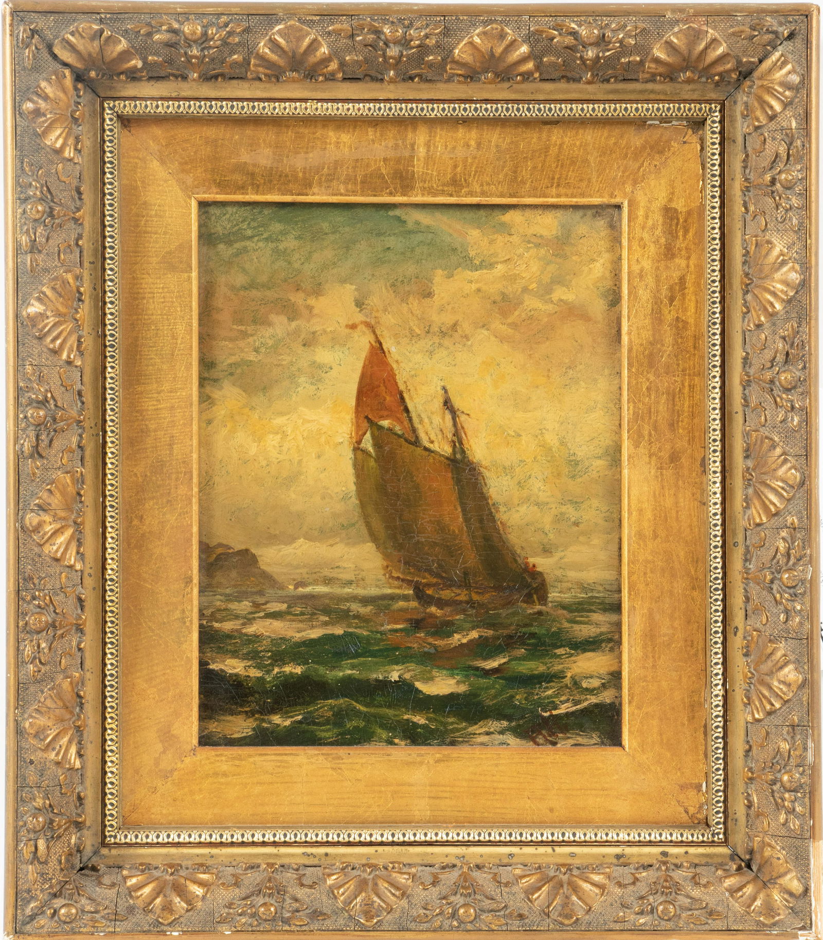 19TH CENTURY AMERICAN OIL ON CANVAS MOUNTED TO BOARD, H 12.25", W 10.25", BOAT ON THE SEA (1 of 3)