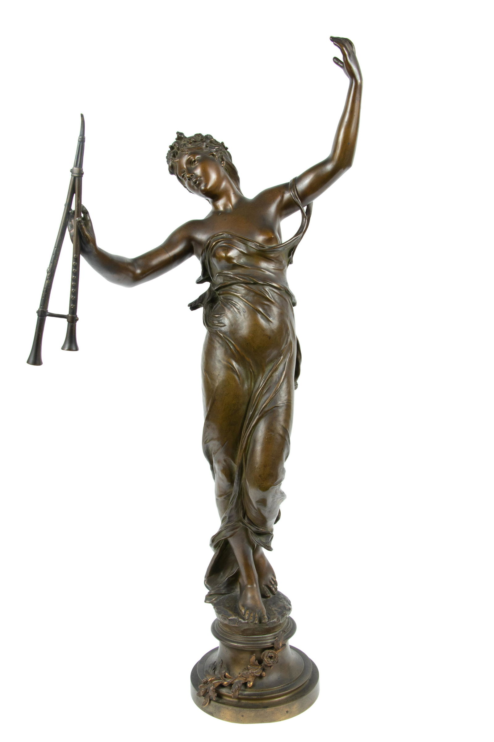 EUGENE MARIOTON (FRENCH, 1857-33) BRONZE SCULPTURE, H 32", W 15.5", FEMME JOUANT DE LA DOUBLE FLUTE (1 of 8)