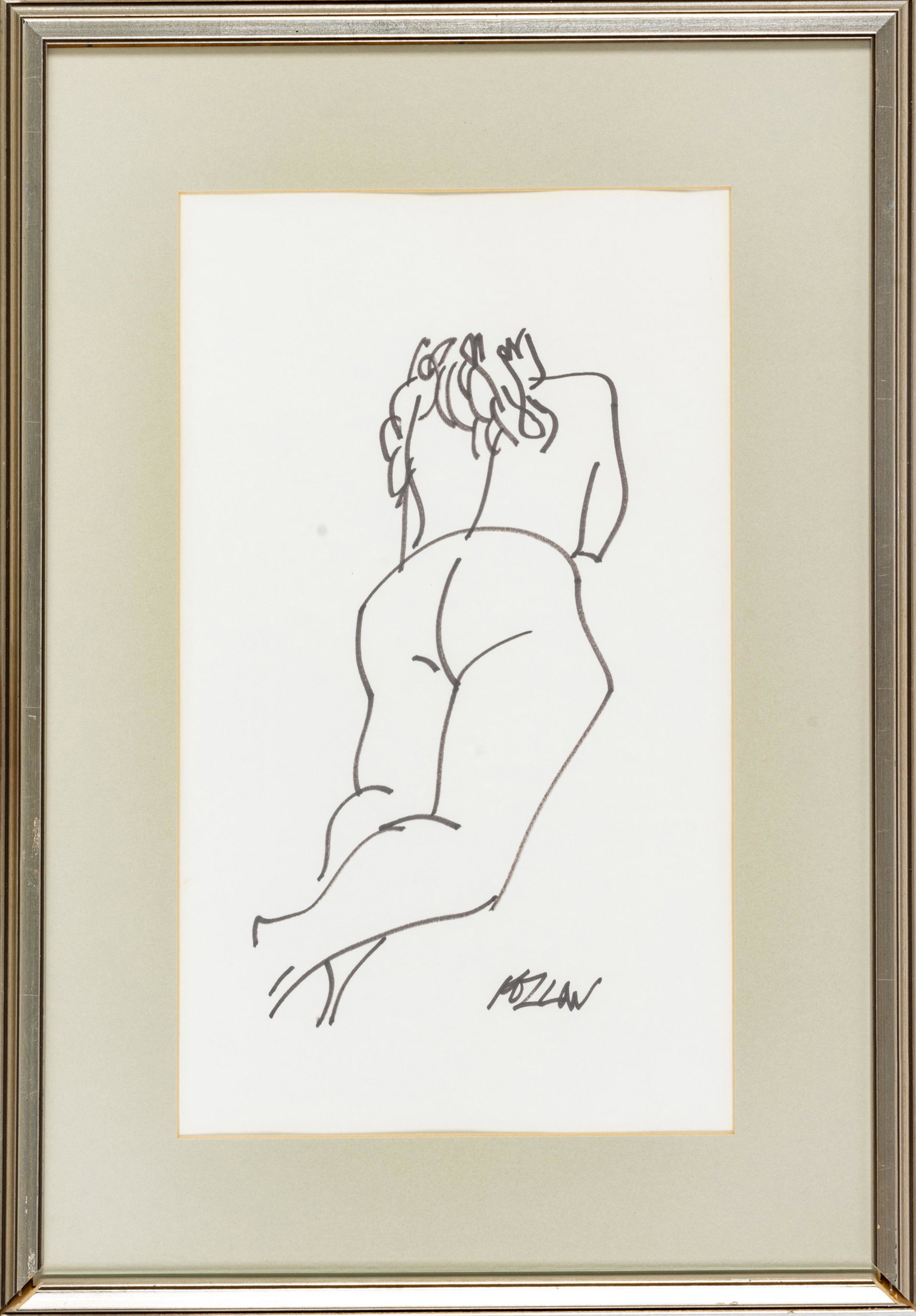 RICHARD M KOZLOW (AMERICAN, 1926-2008) BLACK MARKER ON WOVE PAPER, H 14.5" W 7.25" RECLINING NUDE: RICHARD M KOZLOW (AMERICAN, 1926-2008) BLACK MARKER ON WOVE PAPER, H 14.5" W 7.25" RECLINING NUDE Signed lower right. Framed behind glass in a wood frame. Frame Measurements H 27.25" W 19.25"