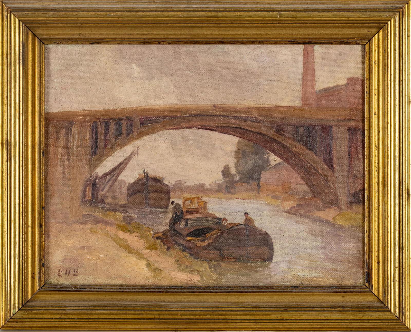 C.H.S. OIL ON CANVAS TO PAPER BOARD, C. 1900, H 11", W 14.5", BOATS UNDER BRIDGE (1 of 3)